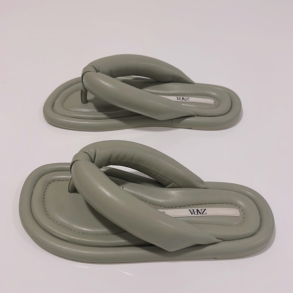 Zara Leather Pool Noodle Flip Flops Sage Green Sz 36 - Picture 3 of 8